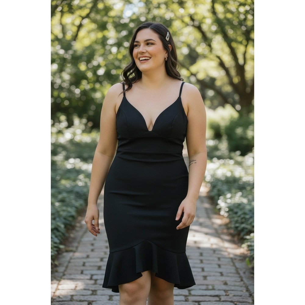 Windsor Women's L Black Bodycon Mermaid Midi Dress V-Neck Ruffle Hem FZO-3405WS